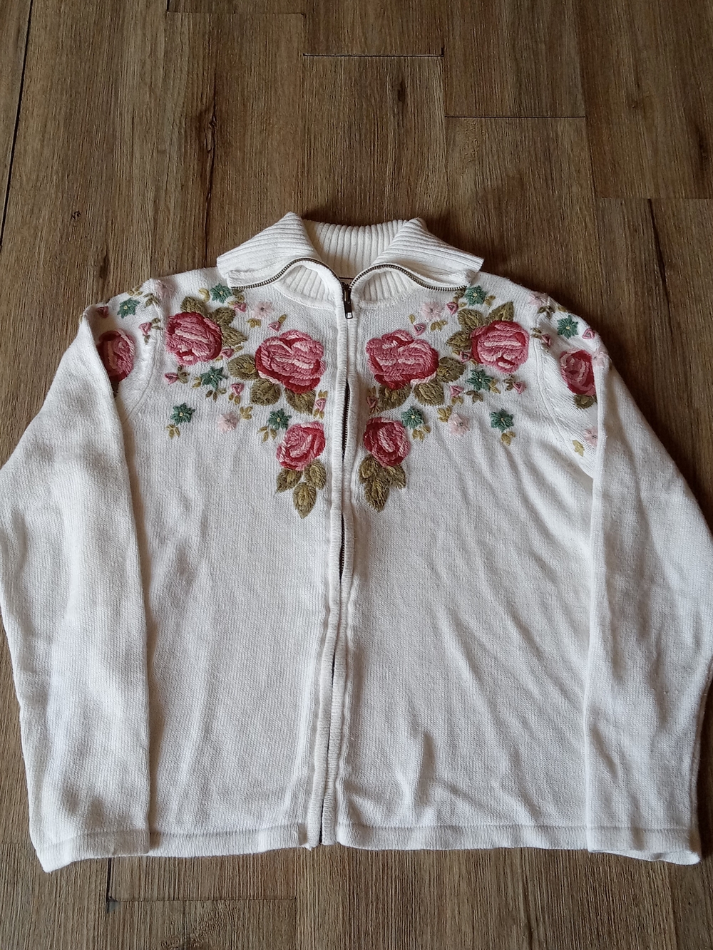 Vintage Tiara International Cardigan Sweater Womens Small White Rose Floral Zip